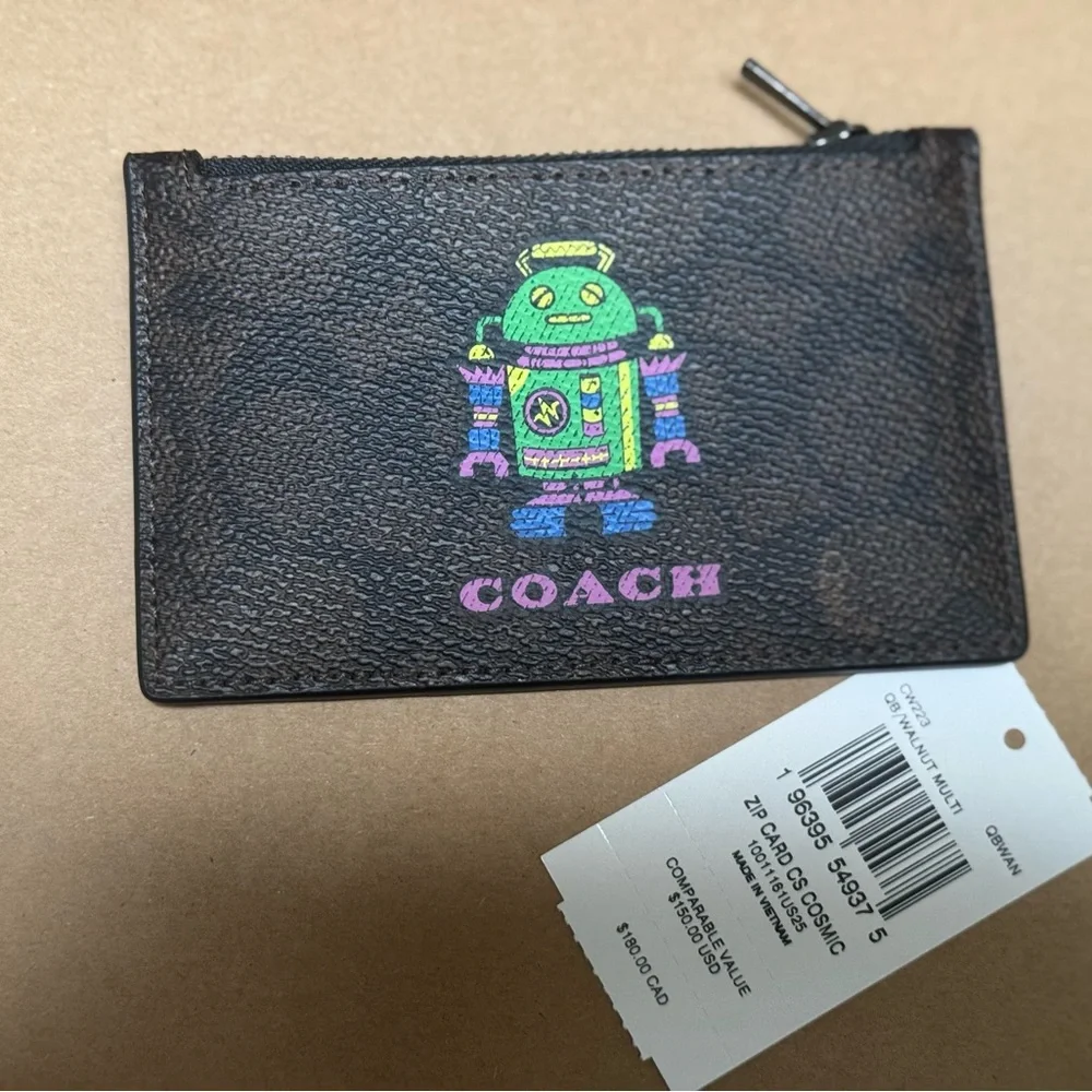 COACH COSMIC ZIP CARD CASE WITH ROBOT PRINT CW223 walnut multi - Picture 1 of 7